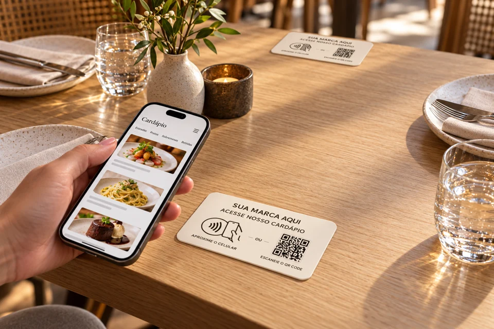 Dois pontos de acesso planos fixados em lados opostos do tampo, com TAP à esquerda e QR Code à direita. Um cliente consulta o cardápio no celular.